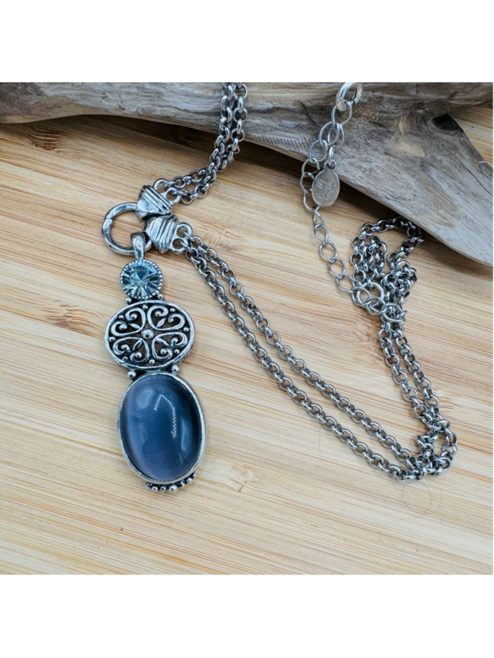 Cookie Lee Blue Cat Eye Pendant Necklace Silver Tone